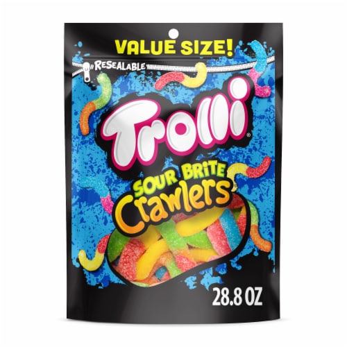 Trolli Sour Brite Crawlers Sweet and Sour Gummy Worm Candy Bag Perspective: front