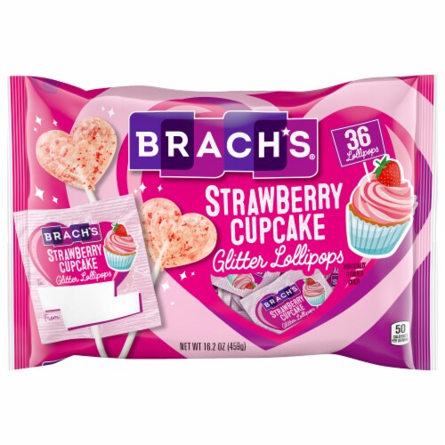 Brach's Strawberry Cupcake Glitter Lollipops Friendship Exchange Valentine Candy Perspective: front