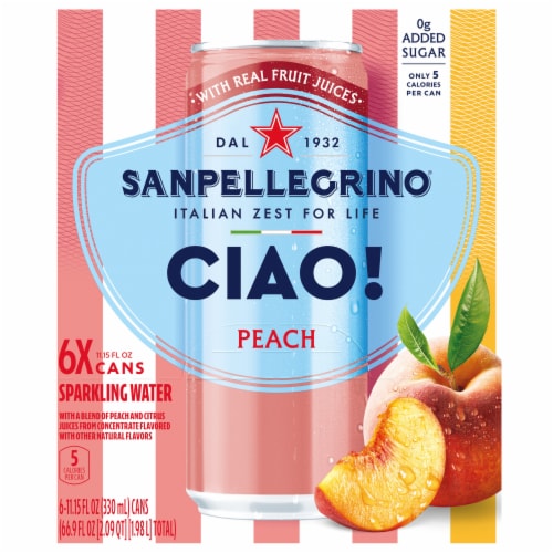 San Pellegrinio Ciao! Peach Sparkling Water Cans Perspective: front