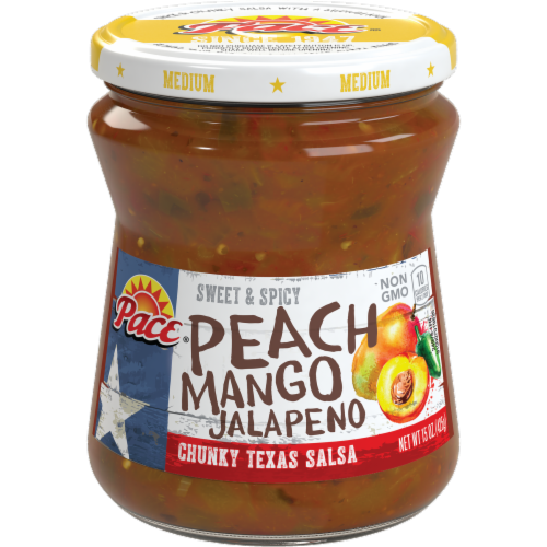 Pace  Sweet & Spicy Peach Mango Jalapeno Chunky Texas Salsa Perspective: front