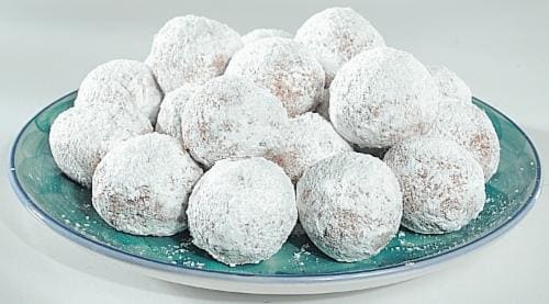 Bakery Fresh Goodness Powdered Sugar Cake Donut Holes Perspective: front