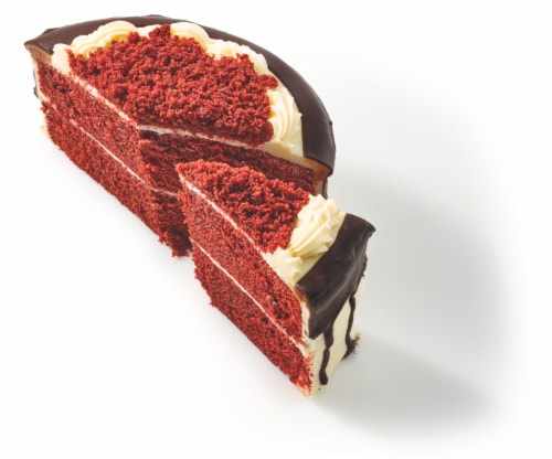 Bakery Fresh Two Layer Red Velvet Cake with Chocolate Icing Half Perspective: front
