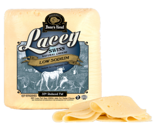 Boar’s Head® Low Sodium Lacey Natural Swiss Cheese Fresh Sliced Deli Cheese Perspective: front