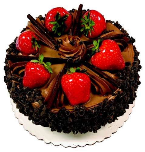 Tres Leches Double Layer Cake with Chocolate Frosting Topped with Fruit Perspective: front