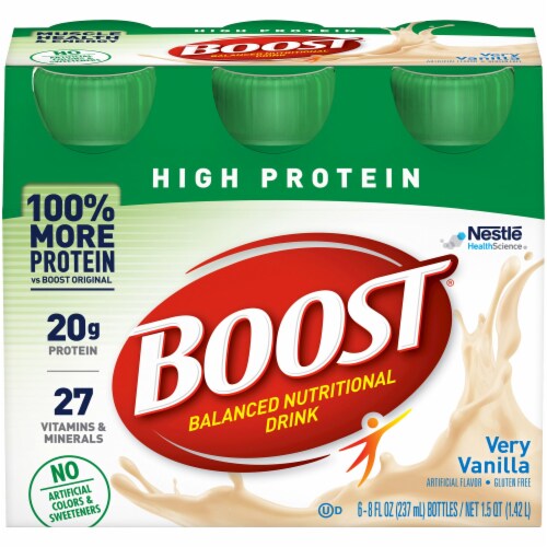 Nestle Boost High Protein Balanced Nutritional Drink Very Vanilla 8 oz Bottle 24 Ct Perspective: front