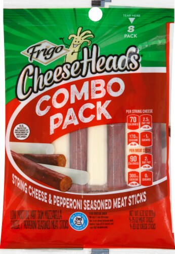 Frigo Cheese Heads Combo Pack String Cheese & Pepperoni Seasoned Meat Sticks Perspective: front