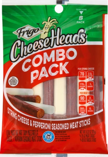 Frigo Cheese Heads Combo Pack String Cheese & Pepperoni Seasoned Meat Sticks Perspective: front