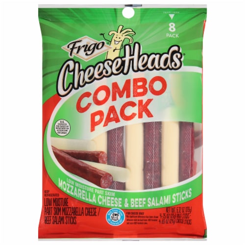 Frigo® Cheese Heads® Low Moisture Part Skim Mozzarella Cheese & Beef Salami Sticks Combo Pack Perspective: front