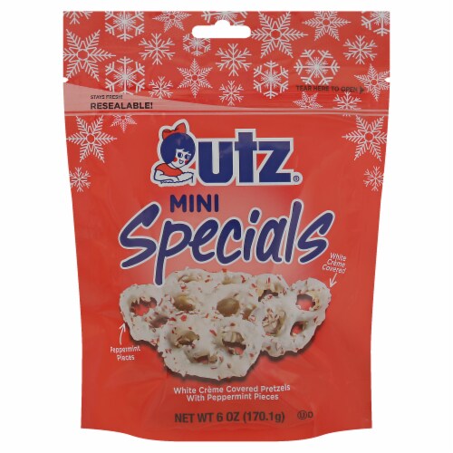 Utz® Mini Specials White Creme with Peppermint Pieces Covered Pretzels Perspective: front