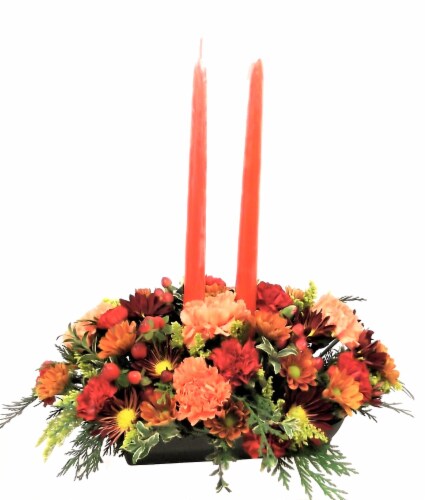 Double Candle Flower Arrangement Centerpiece Perspective: front
