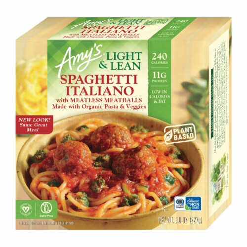 Amy's Lght & Lean Spaghetti Italiano with Meatless Meatballs Frozen Meal Perspective: front