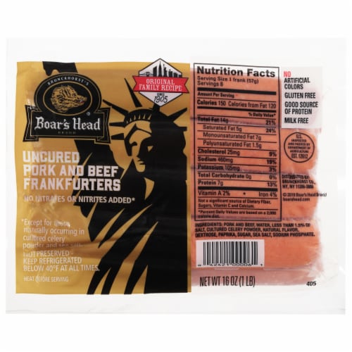 Boar's Head Uncured Pork & Beef Frankfurters Perspective: front
