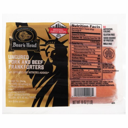 Boar's Head Uncured Pork & Beef Frankfurters Perspective: front