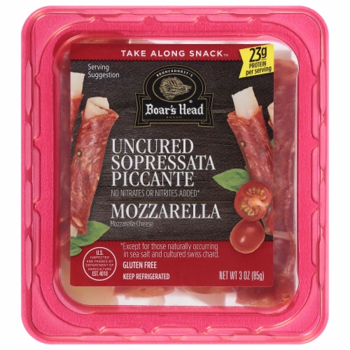 Boar’s Head Uncured Sopressata Piccante & Mozzarella Cheese Snack Roll-up Perspective: front
