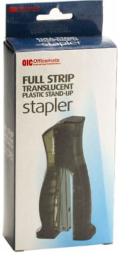 Officemate OIC Full-Strip Plastic Transparent Stand-Up Stapler Perspective: front