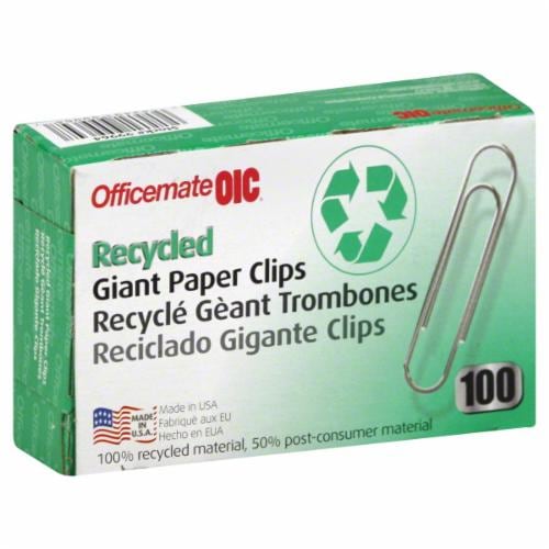 Officemate OIC Recycled Giant Paper Clips - 100 Pack - Silver Perspective: front