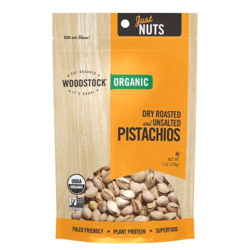 Woodstock Just Nuts Organic Dry Roasted & Unsalted Pistachios Perspective: front