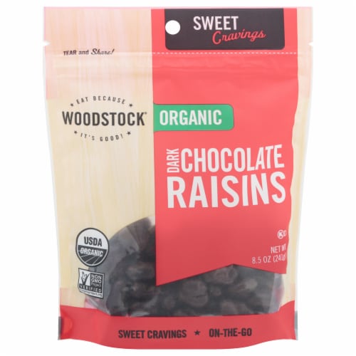 Woodstock Farms Organic Dark Chocolate Raisins Perspective: front