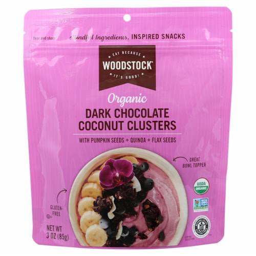 Woodstock® Organic Dark Chocolate Coconut Clusters with Pumpkin Seeds Quinoa and Flax Seeds Perspective: front