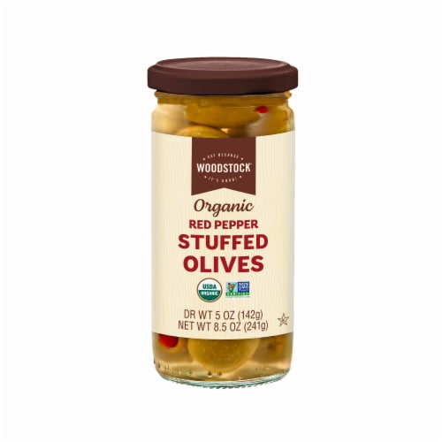 Woodstock® Organic Red Pepper Stuffed Green Olives Perspective: front