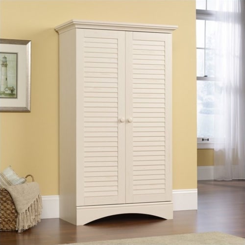 Sauder Harbor View Storage Cabinet in Antiqued White Perspective: front