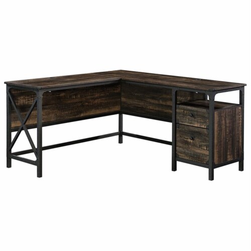 Sauder steel river l shaped writing shop desk in carbon oak and black