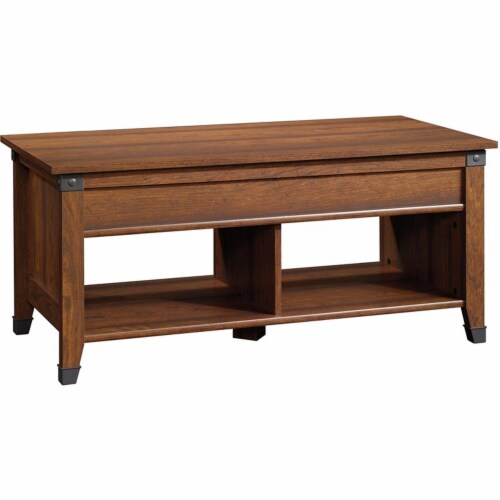 Sauder Carson Forge Lift-Top Wood and Metal Coffee Table in Washington Cherry Perspective: front