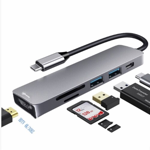Renewgoo USB-C Hub 6-in-1 Multiport 4K HDTV USB 3.0 Type-C Charging Plug PC Mac Perspective: front