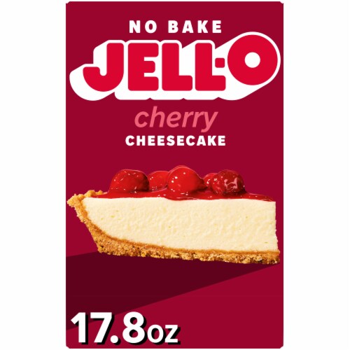Jell-O No Bake Cherry Cheesecake Dessert Kit with Cherry Topping, Filling Mix & Crust Mix, Box Perspective: front