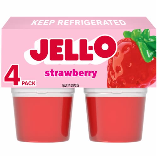 Jell-O Original Strawberry Jello Cups Gelatin Snack, 4 ct - Food 4