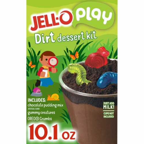 Jell-O Play Dirt Dessert Kit with Chocolate Pudding Mix Gummy Creatures & Oreo Crumbs Perspective: front