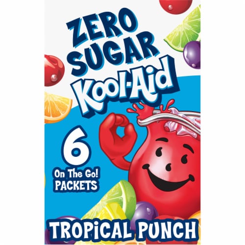 Kool Aid Zero Sugar Tropical Punch Red Powdered Soft Drink Mix On the Go Packets Perspective: front