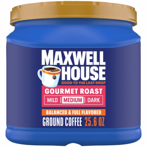 Maxwell House Gourmet Roast Medium Roast Ground Coffee, Canister Perspective: front