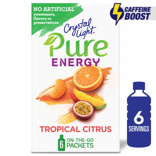 Crystal Light Pure Energy Tropical Citrus with Caffeine and B Vitamins Drink Mix Packets Perspective: front