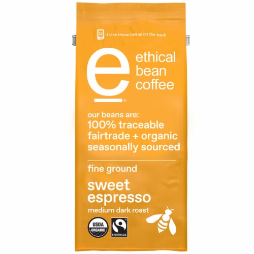 Ethical Bean Sweet Espresso Medium Dark Roast Fairtrade Organic Ground Coffee, Bag Perspective: front