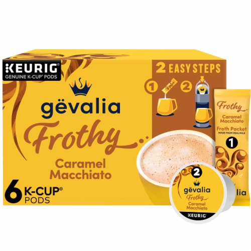 Gevalia Frothy 2-Step Caramel Macchiato Espresso Style K-Cup® Coffee Pods & Froth Packets Kit Perspective: front