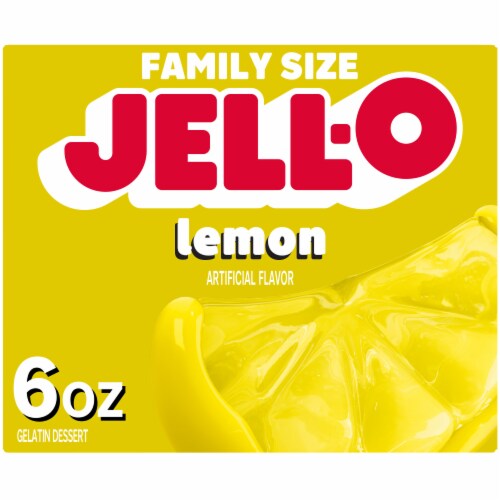 Jell-O Lemon Artificially Flavored Gelatin Dessert Mix, Family Size, Box Perspective: front