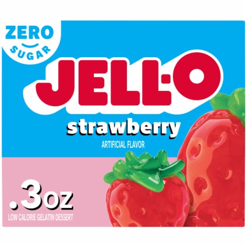 Jell-O Strawberry Artificially Flavored Zero Sugar Low Calorie Gelatin Dessert Mix, Box Perspective: front