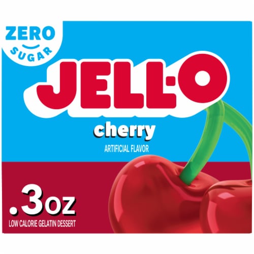 Jell-O Cherry Artificially Flavored Zero Sugar Low Calorie Gelatin Dessert Mix, Box Perspective: front