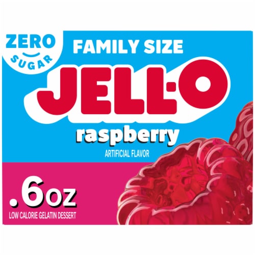 Jell-O Raspberry Artificially Flavored Zero Sugar Gelatin Dessert Mix, Family Size, Box Perspective: front