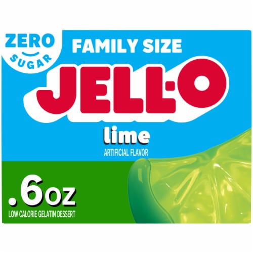 Jell-O Lime Zero Sugar Low Calorie Gelatin Dessert Mix, Family Size, Box Perspective: front