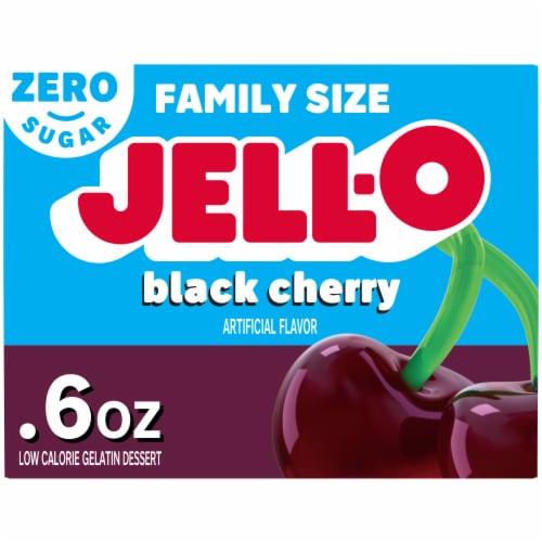 Jell-O Black Cherry Artificially Flavored Zero Sugar Gelatin Dessert Mix, Family Size, Box Perspective: front