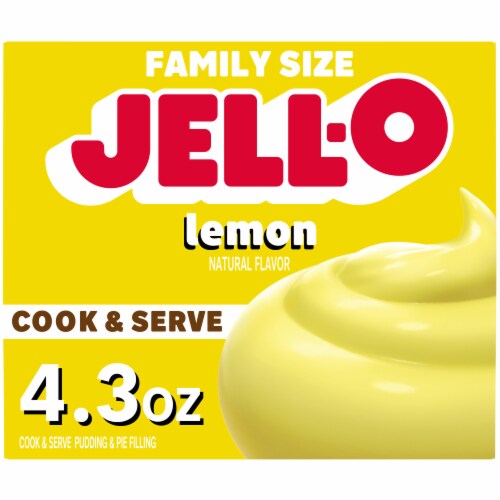 Jell-O Cook & Serve Lemon Naturally Flavored Pudding & Pie Filling Mix, Family Size, Box Perspective: front