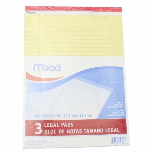 Mead Legal Pad, Wide Ruled, 8.5in X 11in, 50 Sheets, Canary, 3 Ct Perspective: front