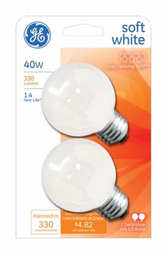 GE 40 watt G16.5 Globe Incandescent Bulb E26 (Medium) Soft White 2 pk - Total Qty: 6; Each Perspective: front