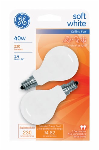 GE 40 watts A15 A-Line Incandescent Bulb E12 (Candelabra) Soft White 2 pk - Total Qty: 6; Perspective: front
