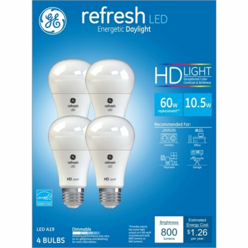 GE Refresh A19 E26 (Medium) LED Bulb Daylight 60 Watt Equivalence 4 pk - Total Qty: 1 Perspective: front