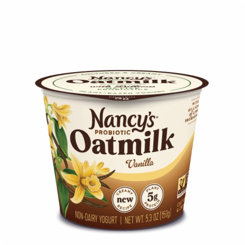 Nancy's Vanilla Dairy Free Probiotic Oat Milk Yogurt Cup Perspective: front