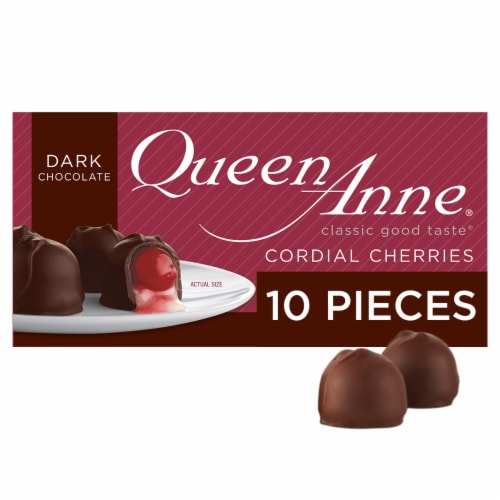 Queen Anne® Dark Chocolate Cordial Cherries Holiday Candy Gift Box Perspective: front