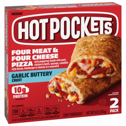 Hot Pockets Frozen Snack Four Meat & Four Cheese Pizza Garlic Buttery Crust Frozen Sandwiches Perspective: front